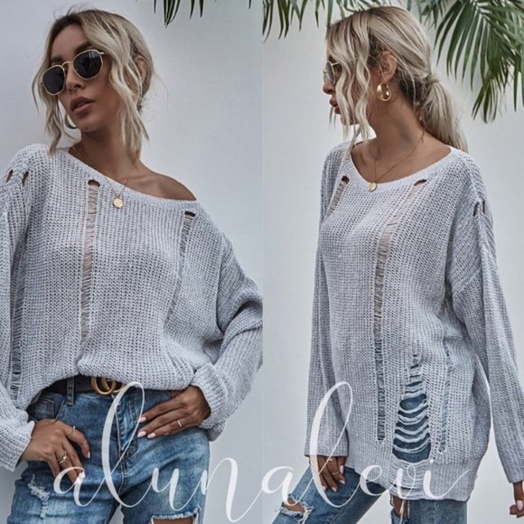 Grey off shoulder distressed oversize knit sweater - Picture 5 of 13